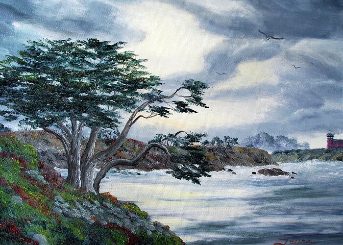 Santa Cruz Greeting Card featuring the painting Santa Cruz Cypress Tree by Laura Iverson