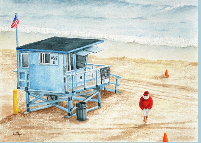 Santa On The Beach Greeting Card featuring the painting Santa is on the Beach by Lori Taylor