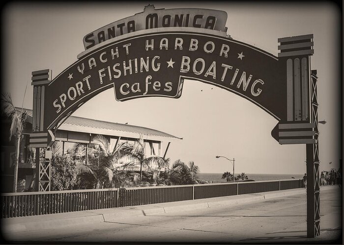 Amusement Greeting Card featuring the photograph Santa Monica Sign Series Modern Vintage by Ricky Barnard