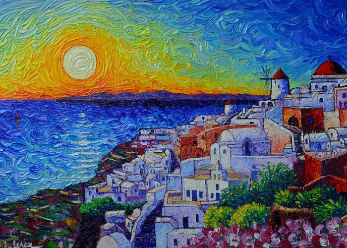 Santorini Greeting Card featuring the painting SANTORINI OIA SUNSET modern impressionist impasto palette knife oil painting by Ana Maria Edulescu by Ana Maria Edulescu