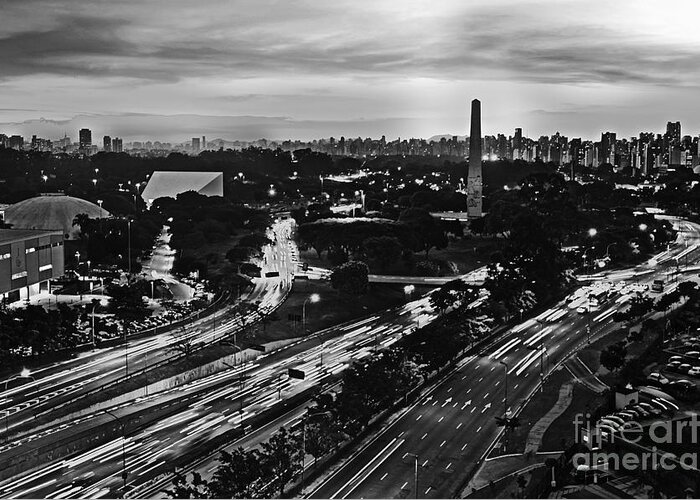 Skyline Greeting Card featuring the photograph Sao Paulo Skyline - Ibirapuera and Obelisk - Black and White by Carlos Alkmin