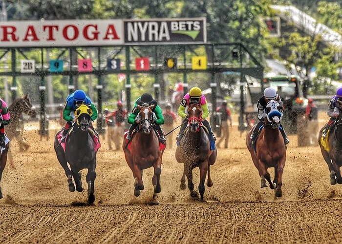 Race Horses Greeting Card featuring the photograph Saratoga by Jeffrey PERKINS