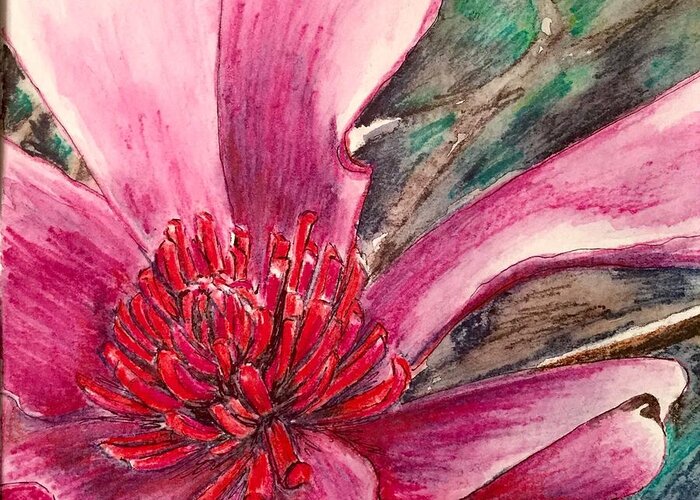 Macro Greeting Card featuring the drawing Saucy Magnolia by Vonda Lawson-Rosa