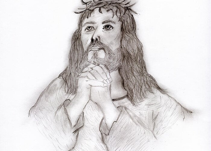  Jesus Greeting Card featuring the drawing Savior's Love by Sonya Chalmers