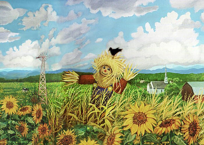 Scarecrow Greeting Card featuring the painting Scare Crow and Silo Farm by Bonnie Siracusa