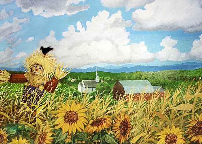 Farm Greeting Card featuring the painting Scarecrow Farm by Bonnie Siracusa