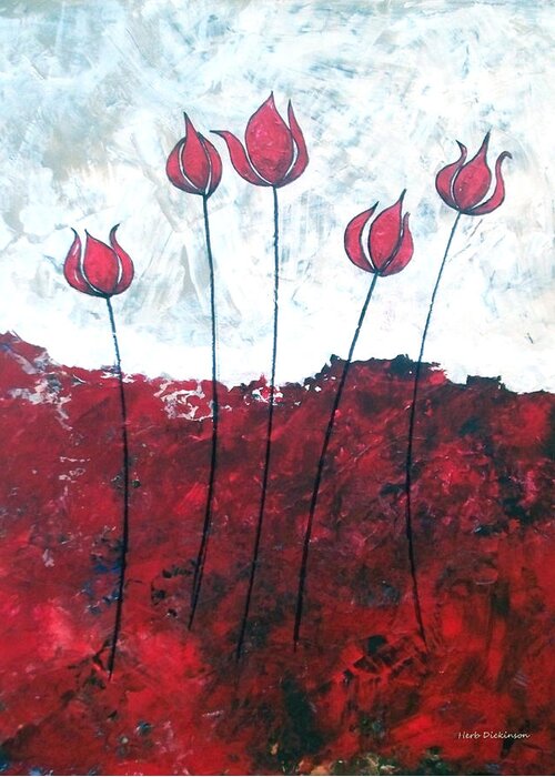 Abstract Greeting Card featuring the painting Scarlet Blooms by Herb Dickinson