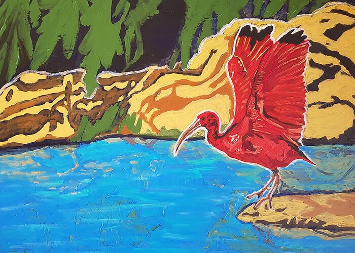 Scarlet Ibis Greeting Card featuring the painting Scarlet Ibis by Rachel Natalie Rawlins