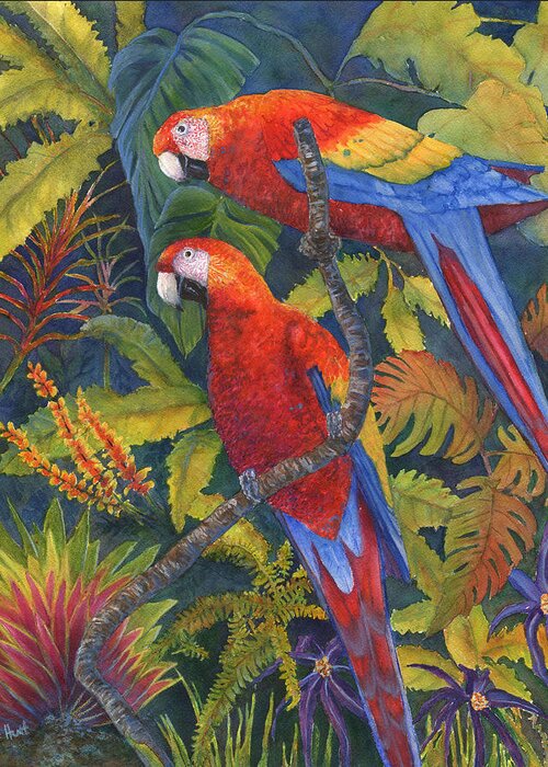 Birds Greeting Card featuring the painting Scarlet Macaws by June Hunt
