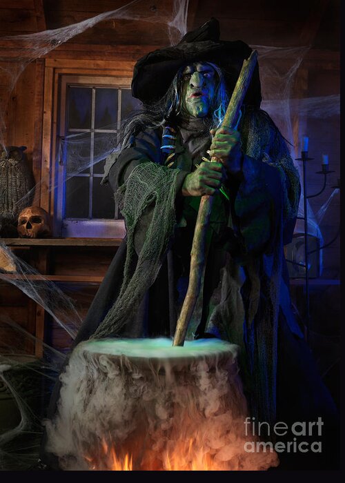 Witch Greeting Card featuring the photograph Scary Old Witch with a Cauldron by Maxim Images Exquisite Prints