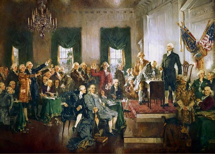 Scene At The Signing Of The Constitution Of The United States Is A Famous Oil-on-canvas Painting Greeting Card featuring the painting Scene at the Signing of the Constitution by Howard Chandler Christy