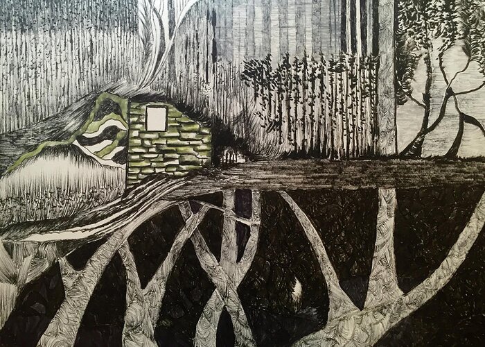 Black And Whitw Greeting Card featuring the drawing Scene elevated by trees by Dennis Ellman