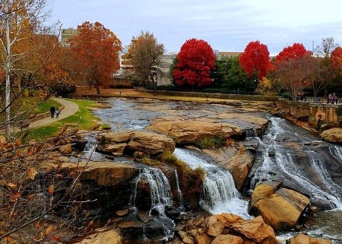 Reedy River Greeting Card featuring the photograph Scene from the Falls Park Bridge in Greenville, SC by Kathy Barney