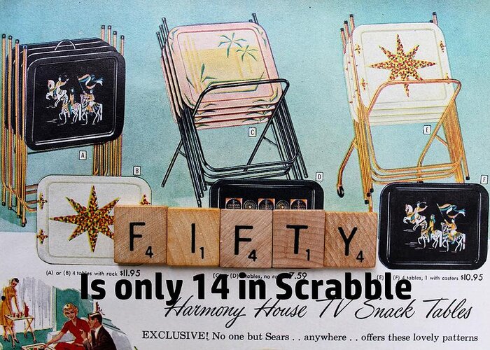 Birthday Greeting Card featuring the photograph Scrabble birthday card fifty tv tray vintage by Jane Linders