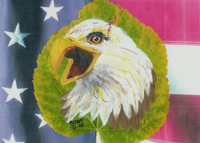 Wildlife Greeting Card featuring the painting Screaming Eagle with U.S. Flag #2 by Ralph Root