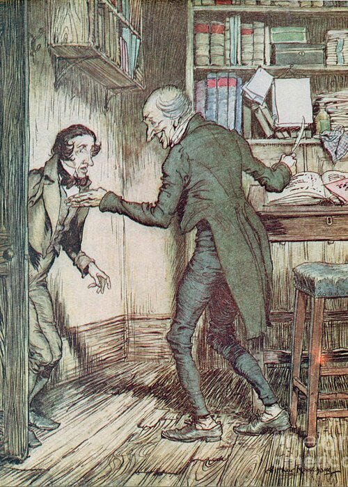 Arthur Rackham Greeting Card featuring the drawing Scrooge and Bob Cratchit by Arthur Rackham