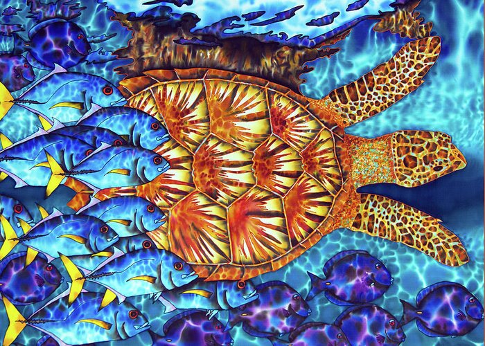 Sea Turtle Greeting Card featuring the painting Sea Turtle and fish by Daniel Jean-Baptiste