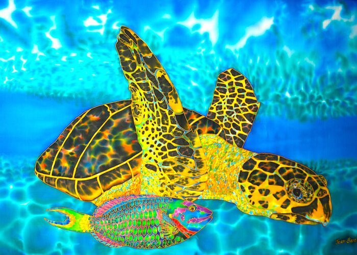 Turtle Greeting Card featuring the painting Sea Turtle and Parrotfish by Daniel Jean-Baptiste