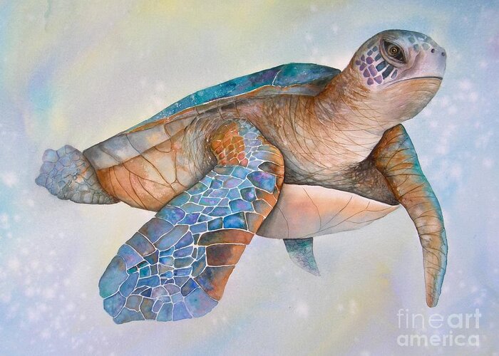 Sea Turtle Greeting Card featuring the painting Sea Turtle- Twilight Swim by Midge Pippel