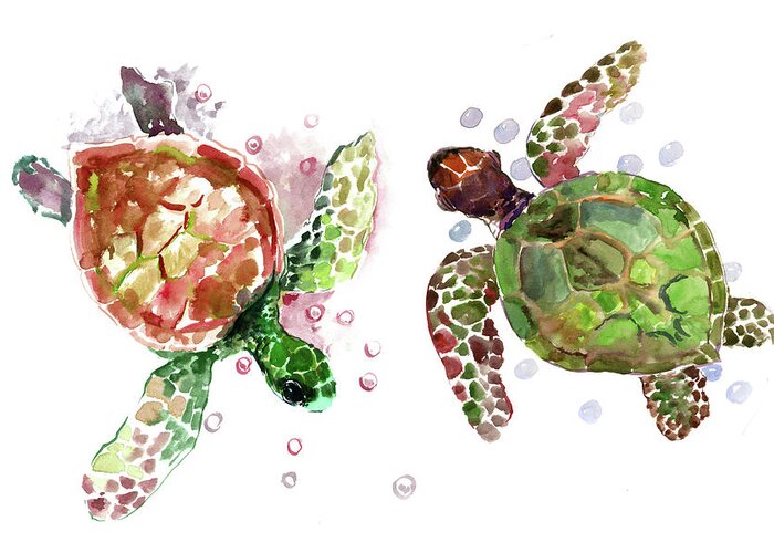 Sea Turtles Greeting Card featuring the painting Sea Turtles, Olive green underwater beach artwork by Suren Nersisyan
