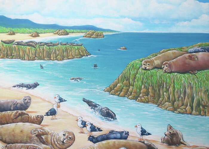 Seals Greeting Card featuring the painting Beach Bums by Elisabeth Sullivan