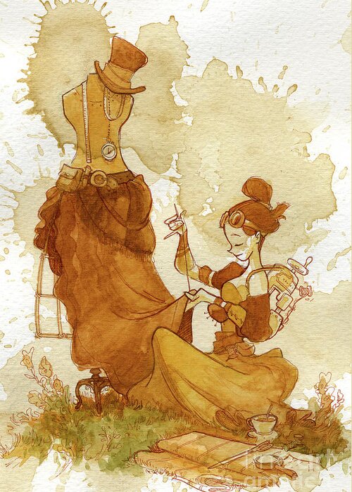 Steampunk Greeting Card featuring the painting Seamstress by Brian Kesinger