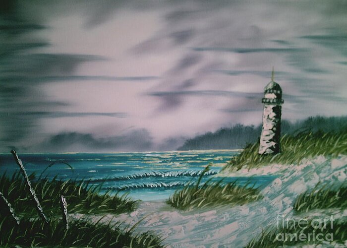 Seascape Greeting Card featuring the painting Seascape Lighthouse by Jim Saltis