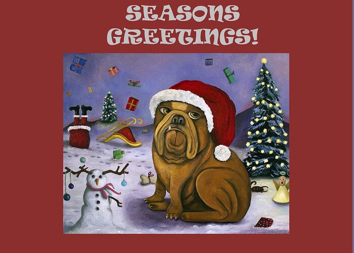 Seasons Greetings Greeting Card featuring the painting Seasongs Greetings with Chritmas Crash by Leah Saulnier The Painting Maniac