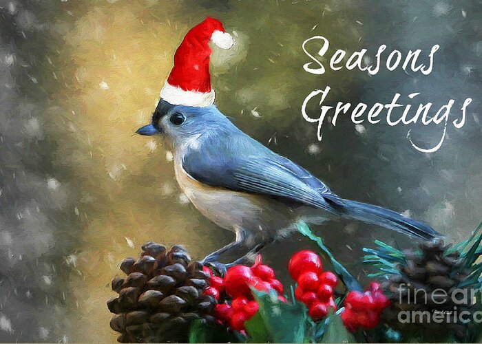 Christmas Card Greeting Card featuring the mixed media Seasons Greetings Titmouse by Tina LeCour