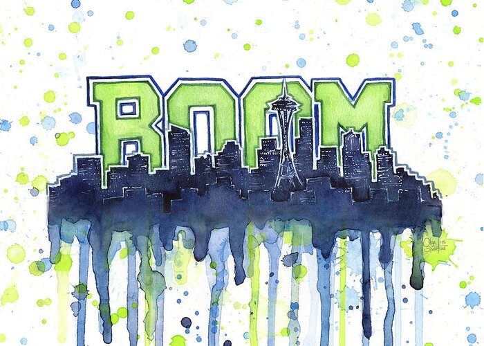 Seattle Greeting Card featuring the painting Seattle 12th Man Legion of Boom Watercolor by Olga Shvartsur