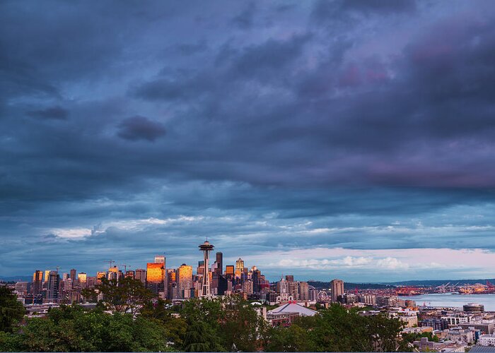 Sunset; Cloudy; Space Needle; Landscape Seattle Greeting Card featuring the digital art Seattle in Heavy Clouds by Michael Lee