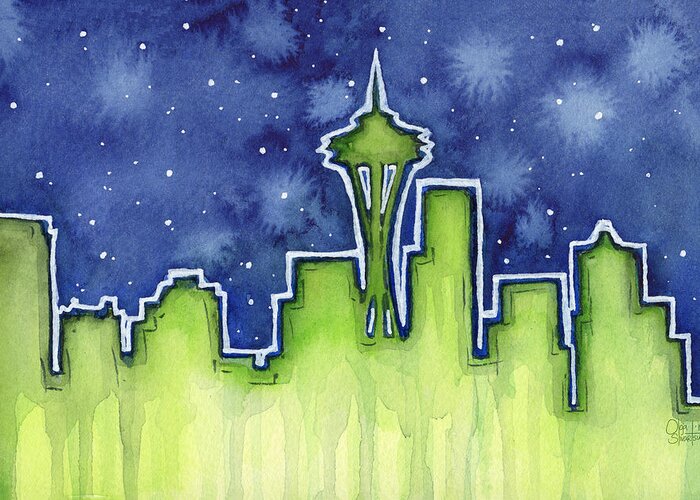 Watercolor Greeting Card featuring the painting Seattle Night Sky Watercolor by Olga Shvartsur