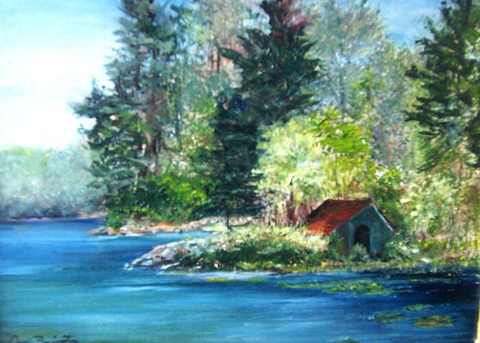 Millsite Lake Greeting Card featuring the painting Secluded Boathouse-Millsite Lake by Jan Byington