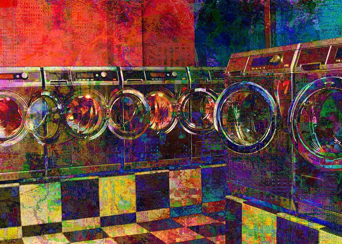 Laundry Greeting Card featuring the digital art Secret Life of Laundromats by Barbara Berney
