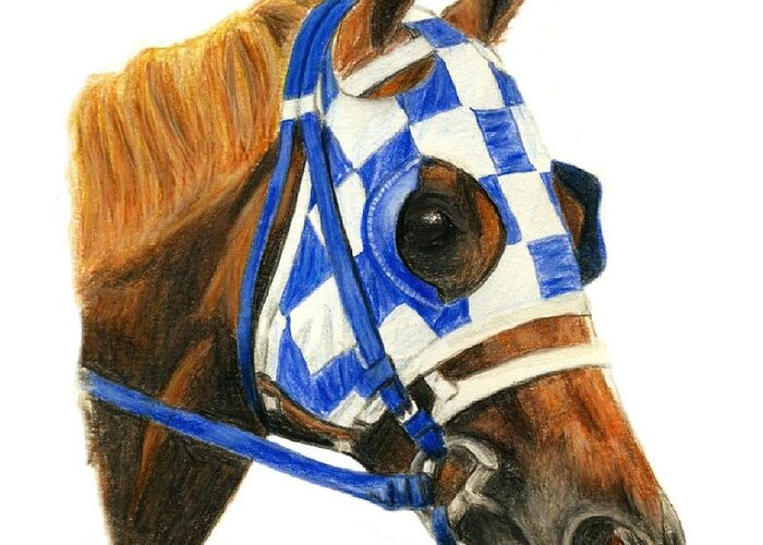 Secretariat Greeting Card featuring the painting Secretariat with blinkers by Pat DeLong