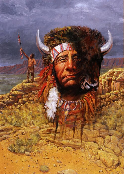 Buffalo Chief Warrior Desert Ritual Greeting Card featuring the painting Seeking Wisdom by Murry Whiteman