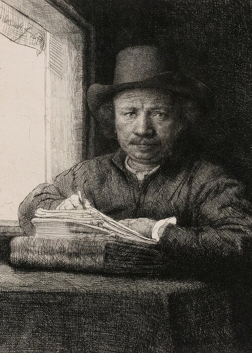 Rembrandt Greeting Card featuring the relief Self-Portrait Drawing at a Window by Rembrandt