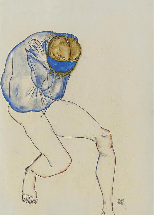 Egon Schiele Greeting Card featuring the drawing Semi-Nude Blond Girl with Blue Shirt and Blue Headband by Egon Schiele