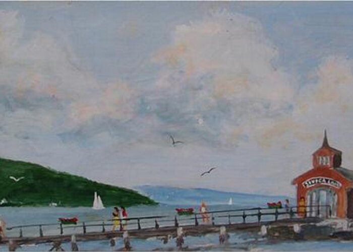Sail Boats Greeting Card featuring the painting Seneca Pier by Joseph Stevenson