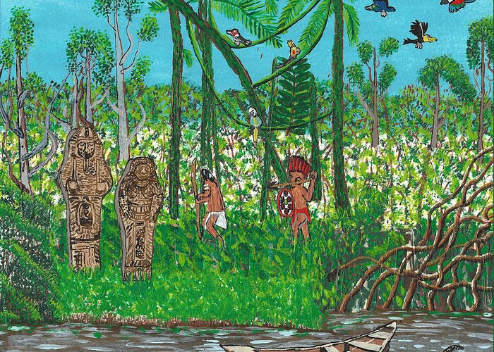 Aztec Greeting Card featuring the painting September  Hunters in the Jungle by Paul Fields