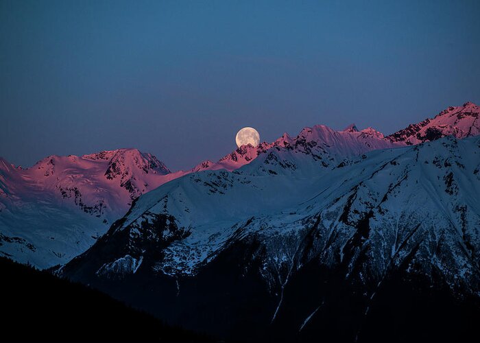 Landscape Greeting Card featuring the photograph Setting Moon over Alaskan Peaks IV by Matt Swinden