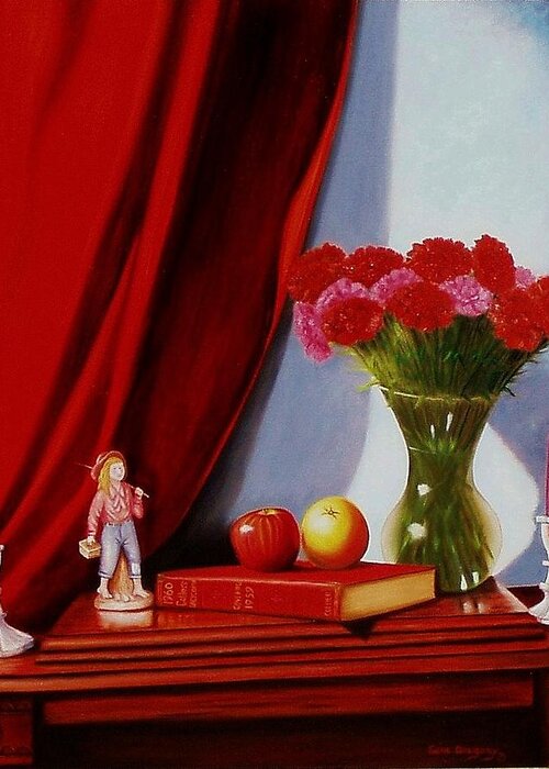 Still Life Greeting Card featuring the painting Sewing carnations by Gene Gregory
