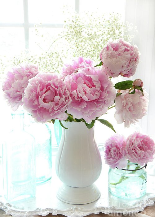 Pink Peonies In White Vase Greeting Card featuring the photograph Shabby Chic Cottage Romantic Pink White Peonies In Window - Romantic Peonies Decor by Kathy Fornal