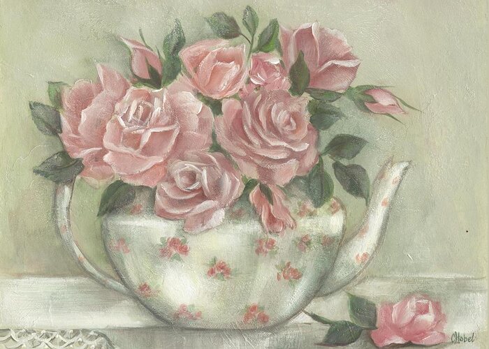 Teapot Greeting Card featuring the painting Shabby teapot rose painting by Chris Hobel