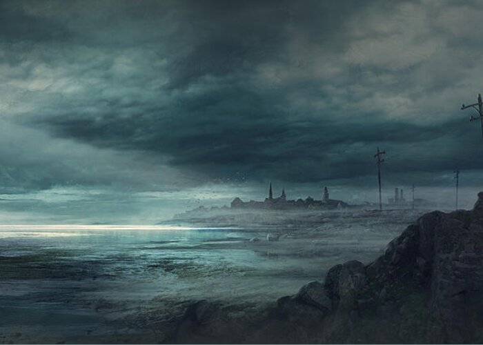 Lovecraft Greeting Card featuring the painting Shadow over Innsmouth by Guillem H Pongiluppi