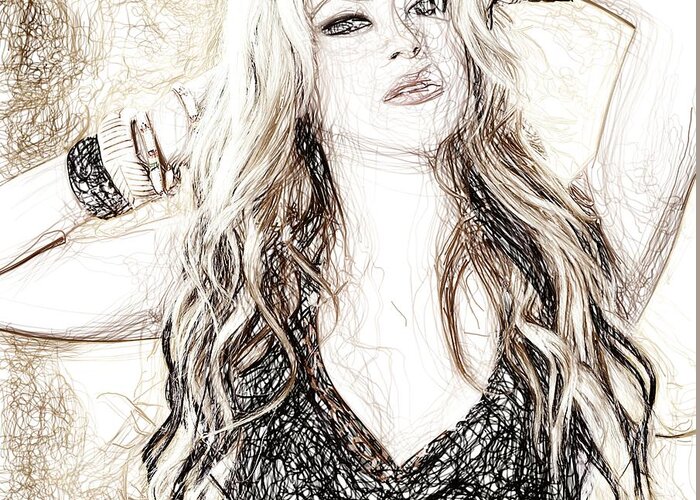 Shakira - Pencil Art Greeting Card featuring the digital art Shakira - Pencil Art by Raina Shah