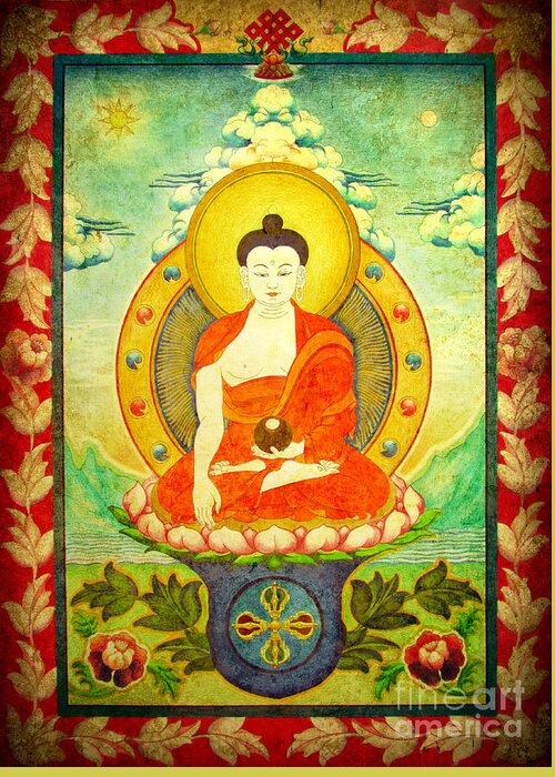 Shakyamuni Buddha Greeting Card featuring the digital art Shakyamuni Buddha Thangka by Alexa Szlavics