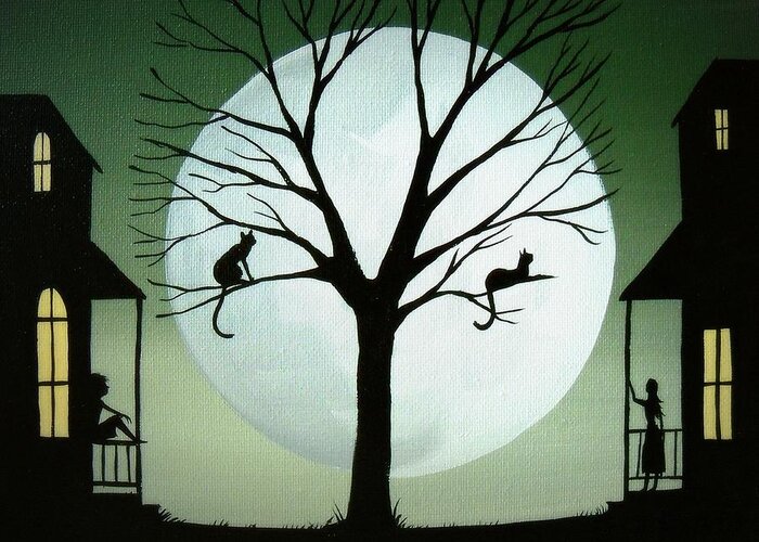 Folk Art Greeting Card featuring the painting Sharing The Moon - cat silhouette art by Debbie Criswell
