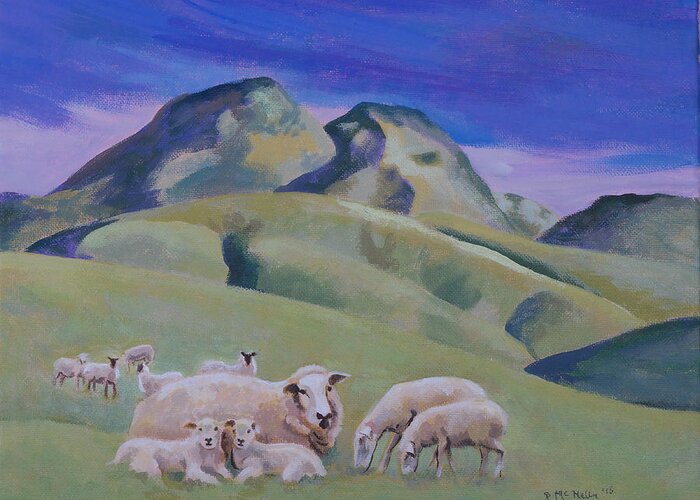 Landscape Greeting Card featuring the painting Sheep at Sutter Buttes by Susan McNally