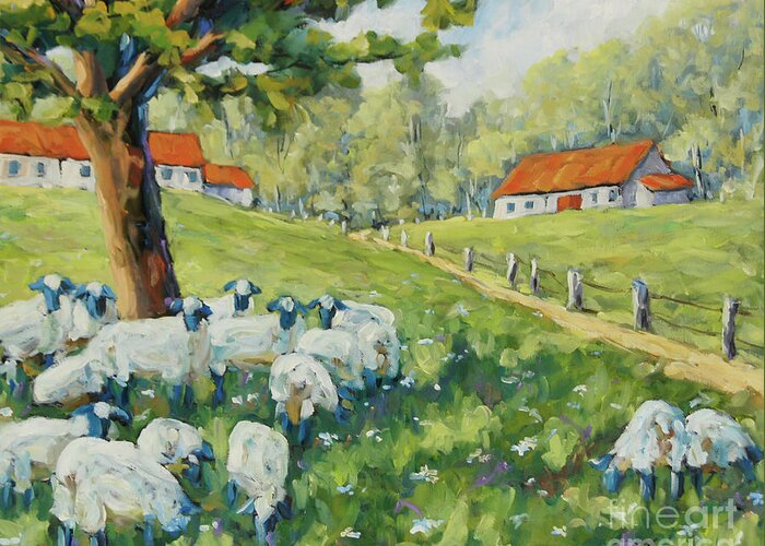 20x 20 X 1.5 Oil On Canvas Greeting Card featuring the painting Sheep Huddled under the tree Farm Scene by Richard T Pranke